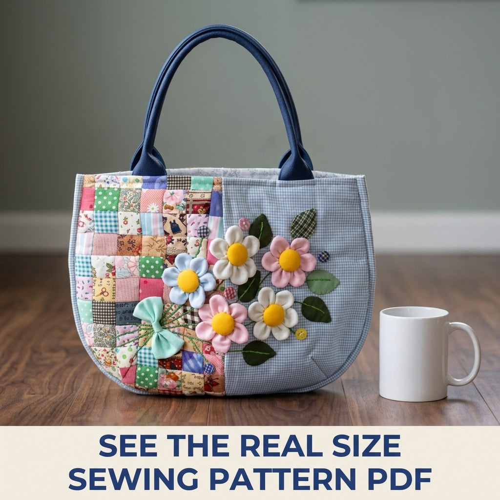 Half Patchwork Flower Tote Sewing Pattern PDF – Half Moon Bag with 3D Flowers
