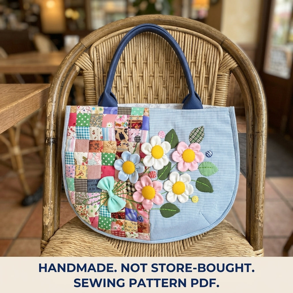 Half Patchwork Flower Tote Sewing Pattern PDF – Half Moon Bag with 3D Flowers