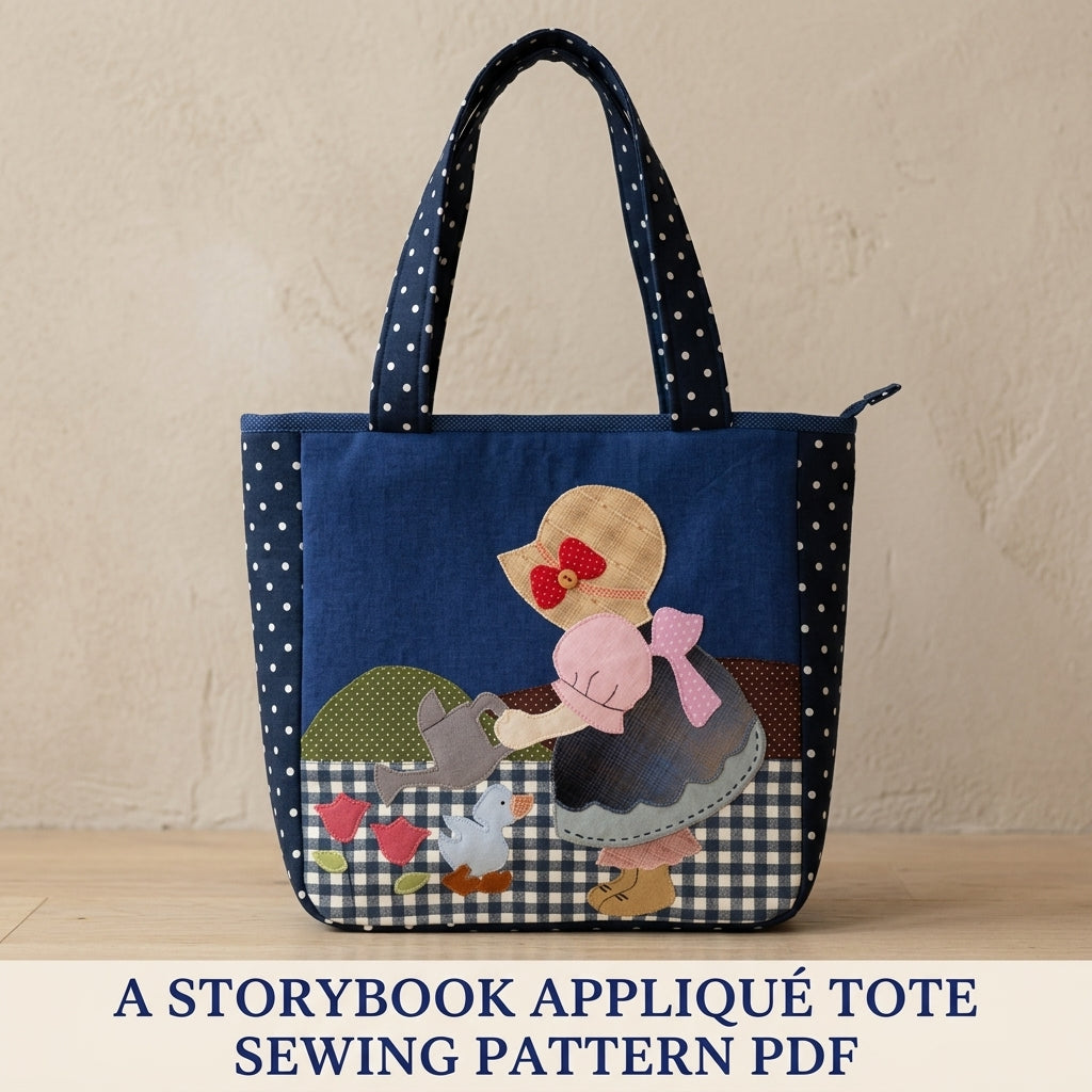 Sunbonnet Girl Appliqué Tote Sewing Pattern PDF – Zip Tote with Appliqué Scene