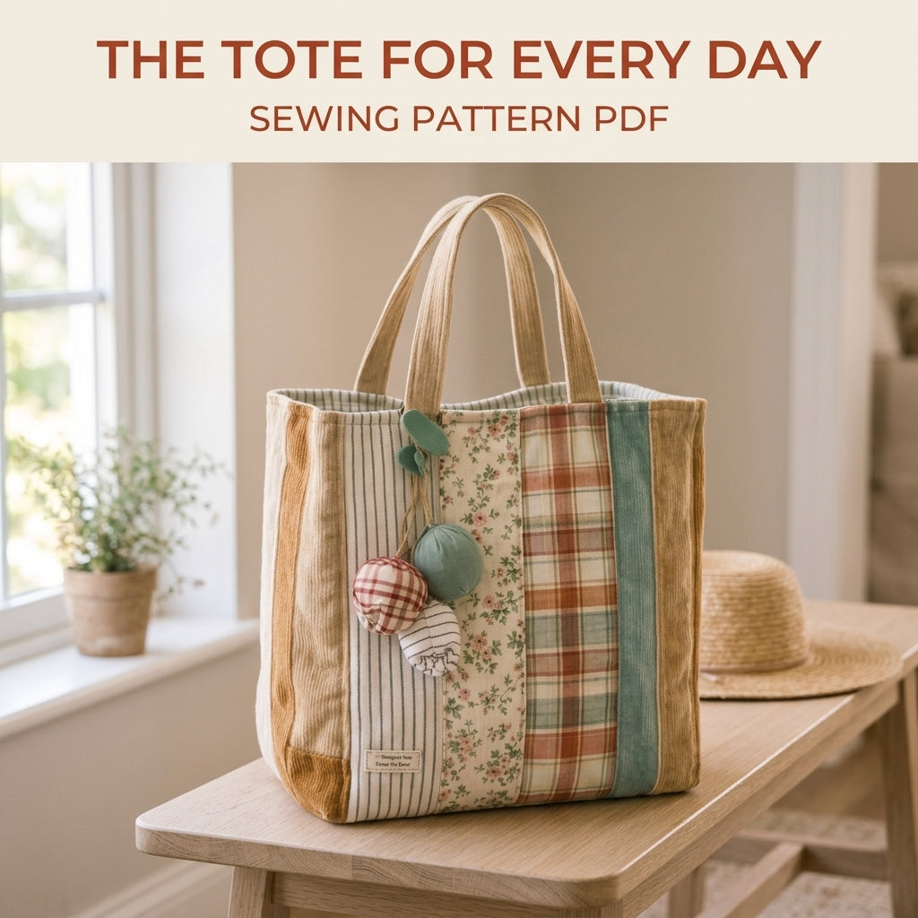 Corduroy Strip Patchwork Tote Sewing Pattern PDF – Easy Scrap Tote Bag