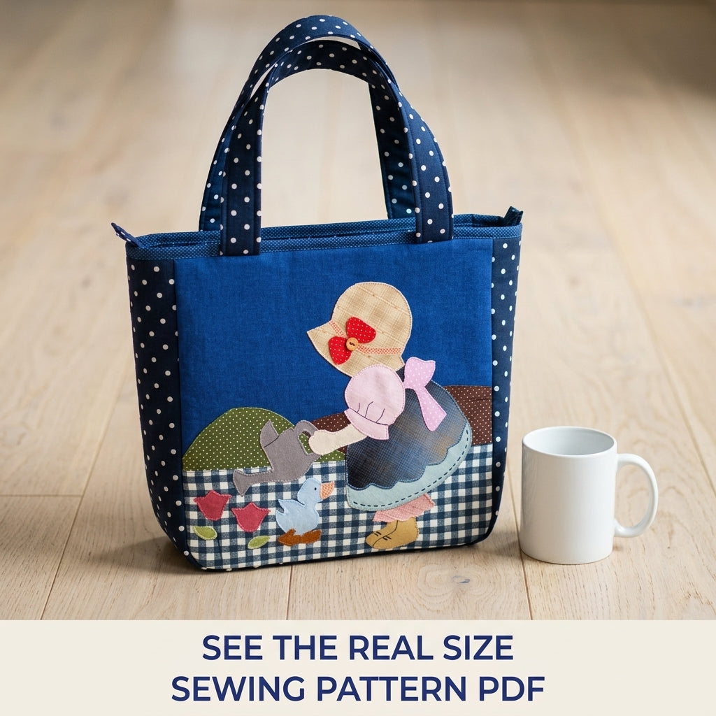 Sunbonnet Girl Appliqué Tote Sewing Pattern PDF – Zip Tote with Appliqué Scene