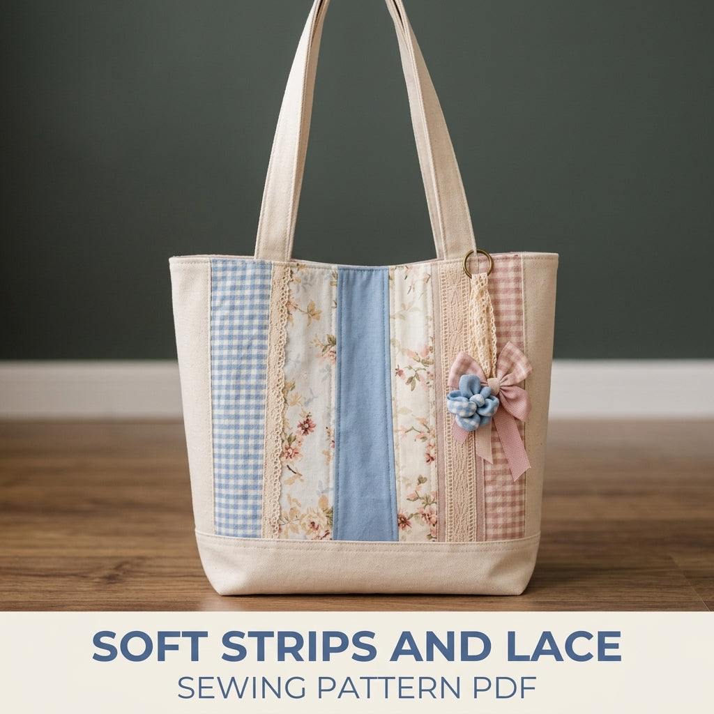 Lace Strip Patchwork Tote Sewing Pattern PDF – Cottage Tote with Gingham and Florals