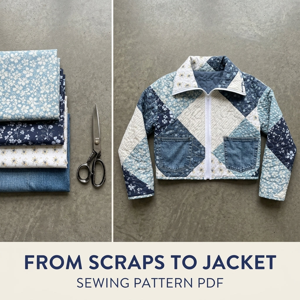 Cropped Blue Patchwork Jacket Sewing Pattern PDF – Quilted Jacket with Denim Pockets