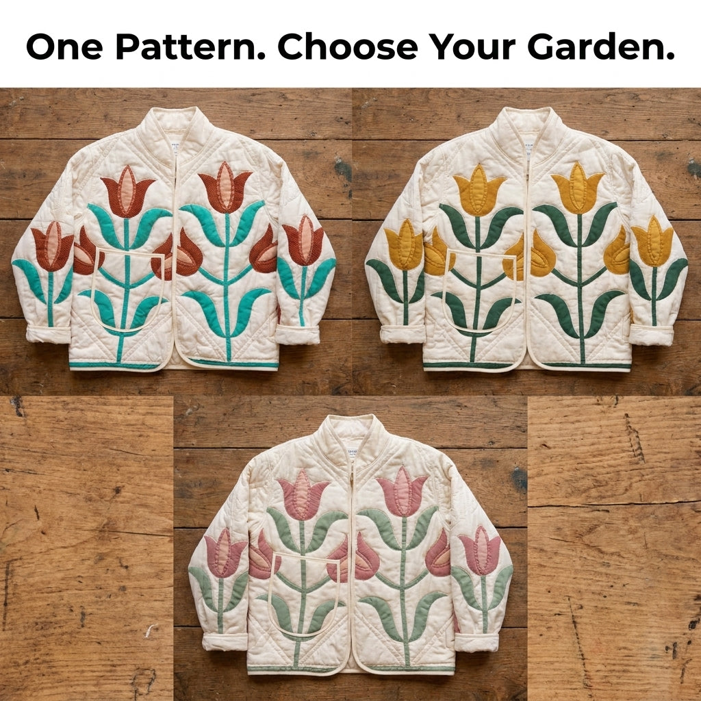 Zip-Front Quilt Jacket Sewing Pattern — Patchwork Bomber with Stand Collar and Shaped Pockets, Sizes XS–3XL, A0 and A4 PDF