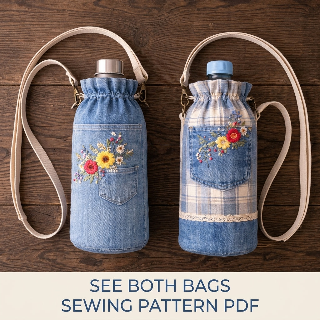 Embroidered Pocket Bottle Bag Sewing Pattern PDF – Upcycled Jeans Bottle Holder