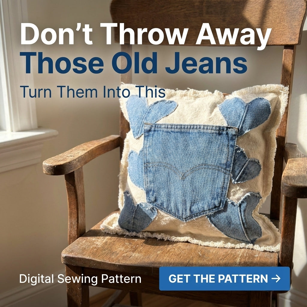 Upcycled Denim Heart Pillow Pattern | Jeans Pocket & Appliqué Hearts on Raw Canvas | Beginner Sewing Project | PDF Instant Download