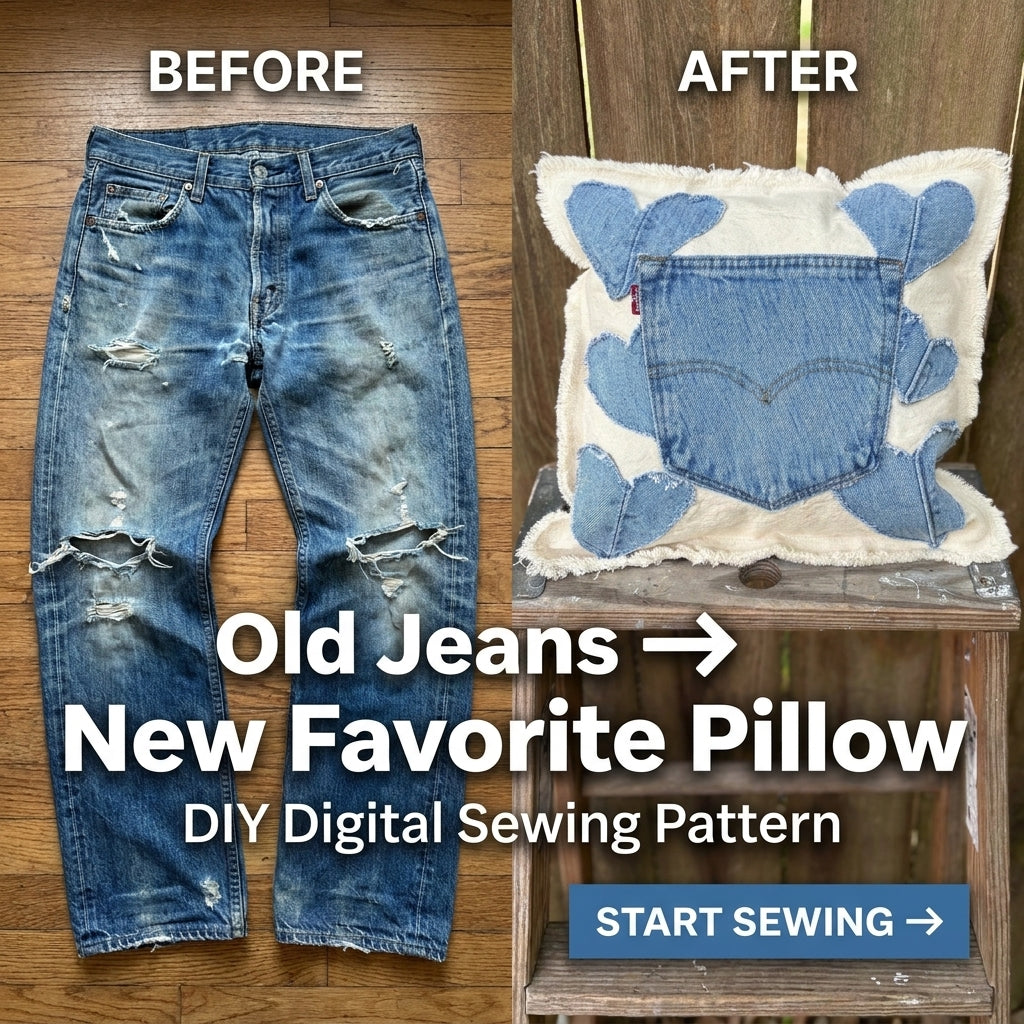 Upcycled Denim Heart Pillow Pattern | Jeans Pocket & Appliqué Hearts on Raw Canvas | Beginner Sewing Project | PDF Instant Download