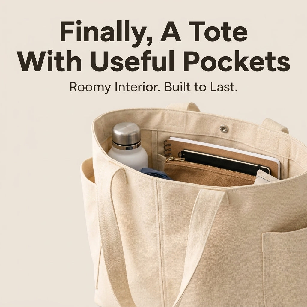 Canvas Tote Bag Sewing Pattern — Everyday Shopper with Side Pockets and Video Tutorial, Beginner Friendly, PDF Download