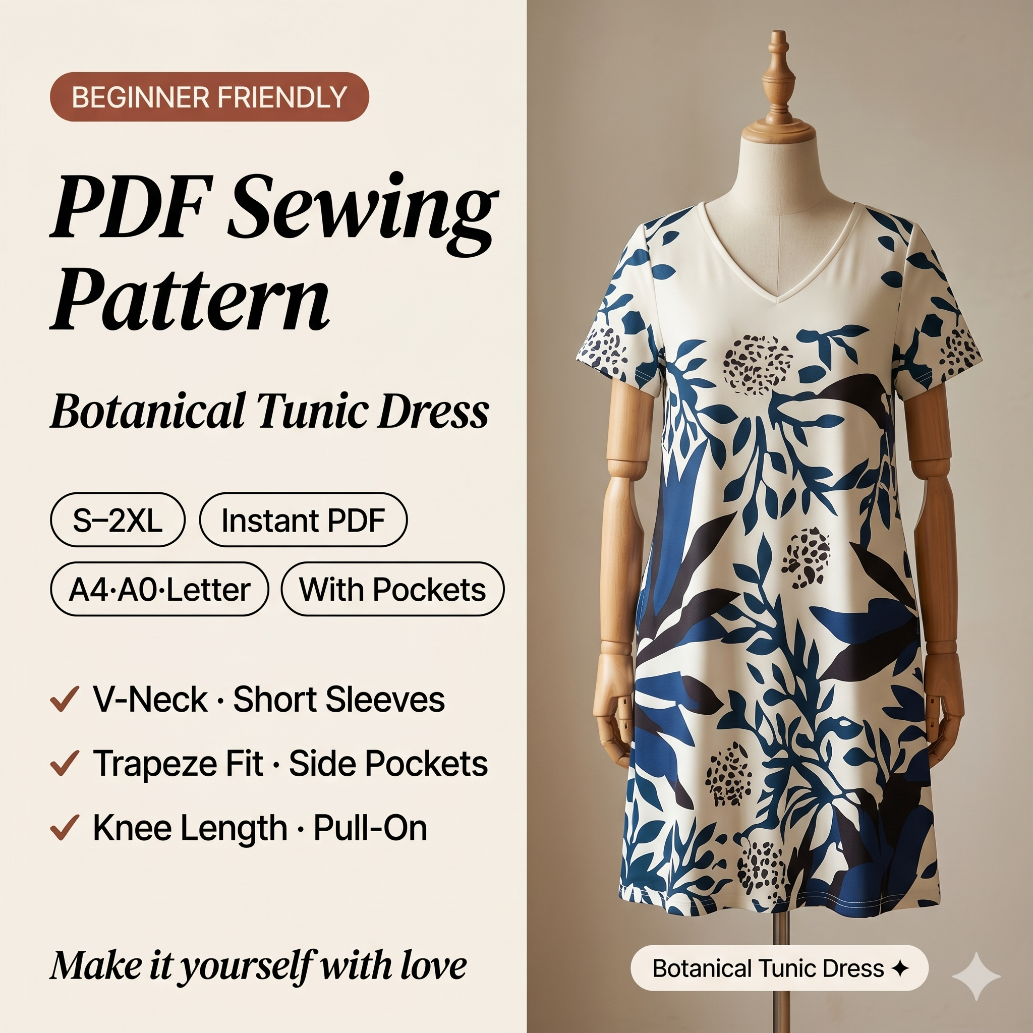 ✨ Floral Print V-Neck Summer Dress – Instant Download PDF Sewing Pattern
