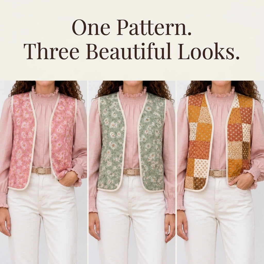 Quilted Vest Sewing Pattern — Reversible Bound-Edge Waistcoat, Sizes XS–3XL, A0 and A4 Layered PDF