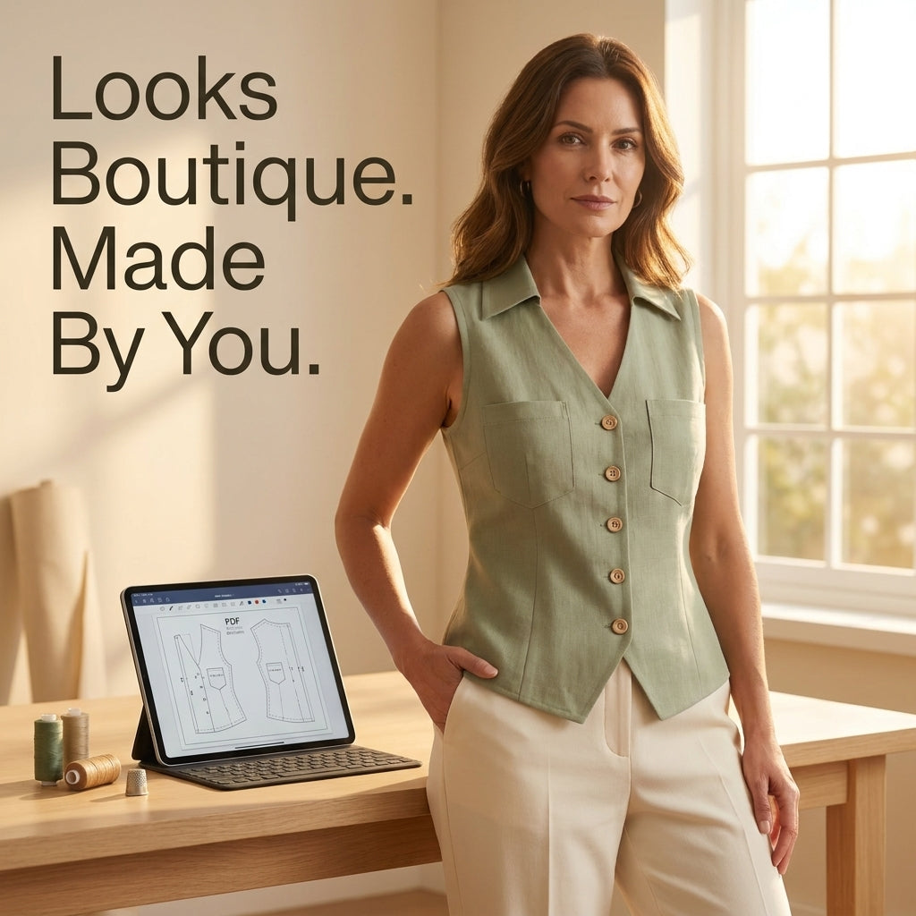 Sleeveless Linen Shirt Top Sewing Pattern — Fitted Button-Front Blouse with Patch Pockets, Sizes XS–3XL, A0 and A4 Layered PDF