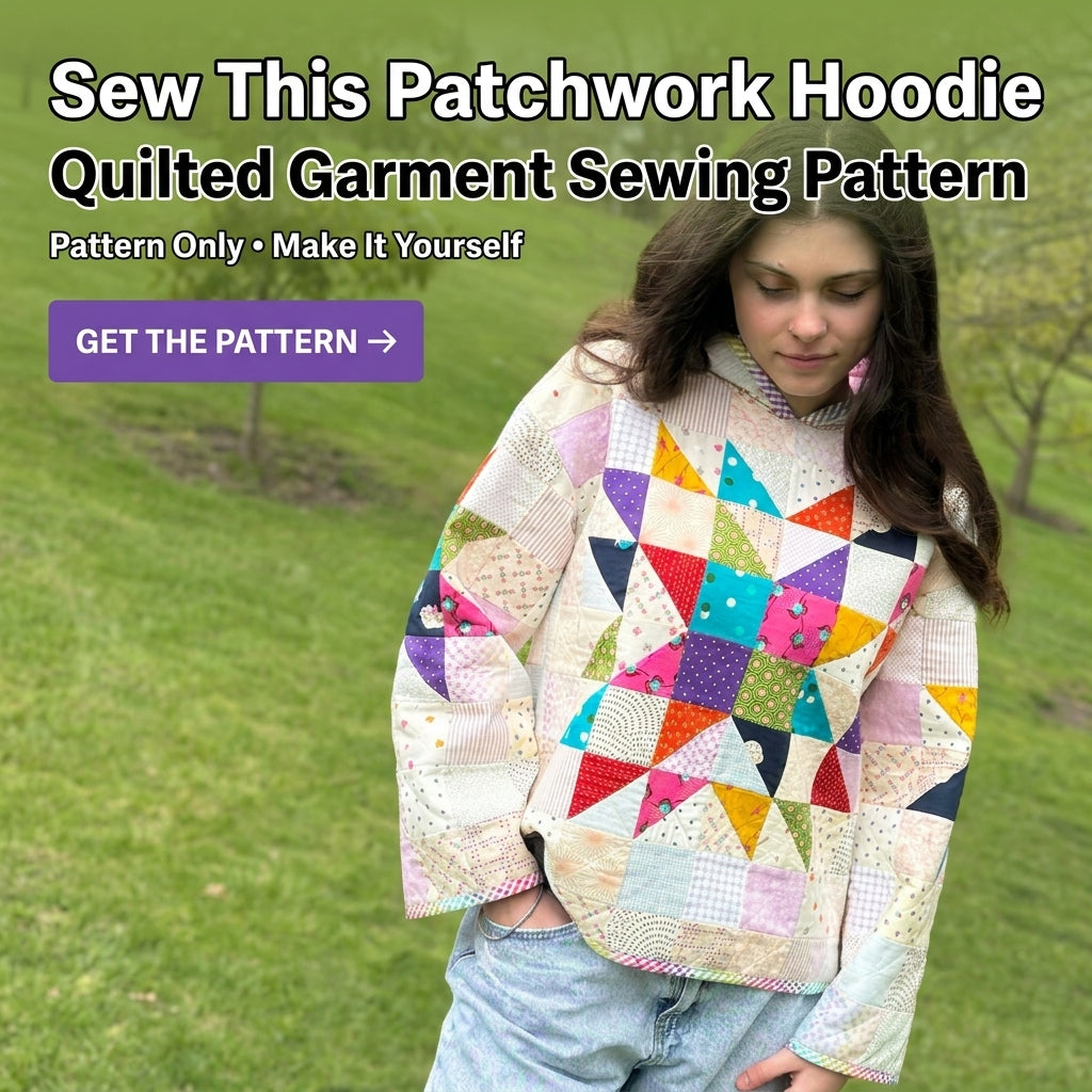 Quilted Hoodie Sewing Pattern — Pullover Patchwork Hoodie with Star Block, Sizes XS–3XL, A0 and A4 PDF
