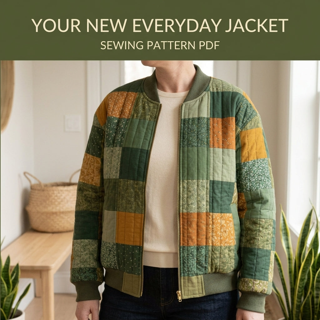 Quilted Bomber Jacket Sewing Pattern PDF – Patchwork Quilt Bomber with Zip and Rib Knit Trim