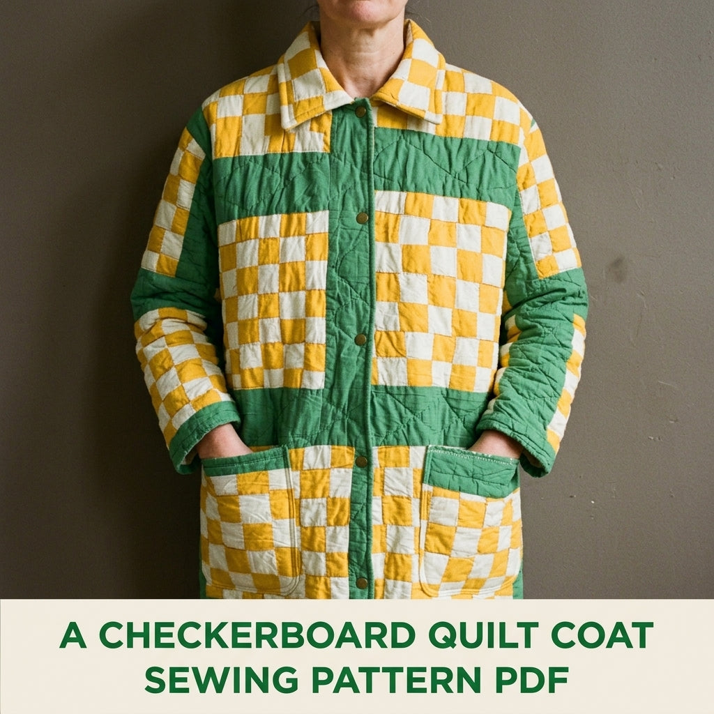 Checkerboard Quilt Chore Coat Sewing Pattern PDF – Long Quilted Coat from a Quilt