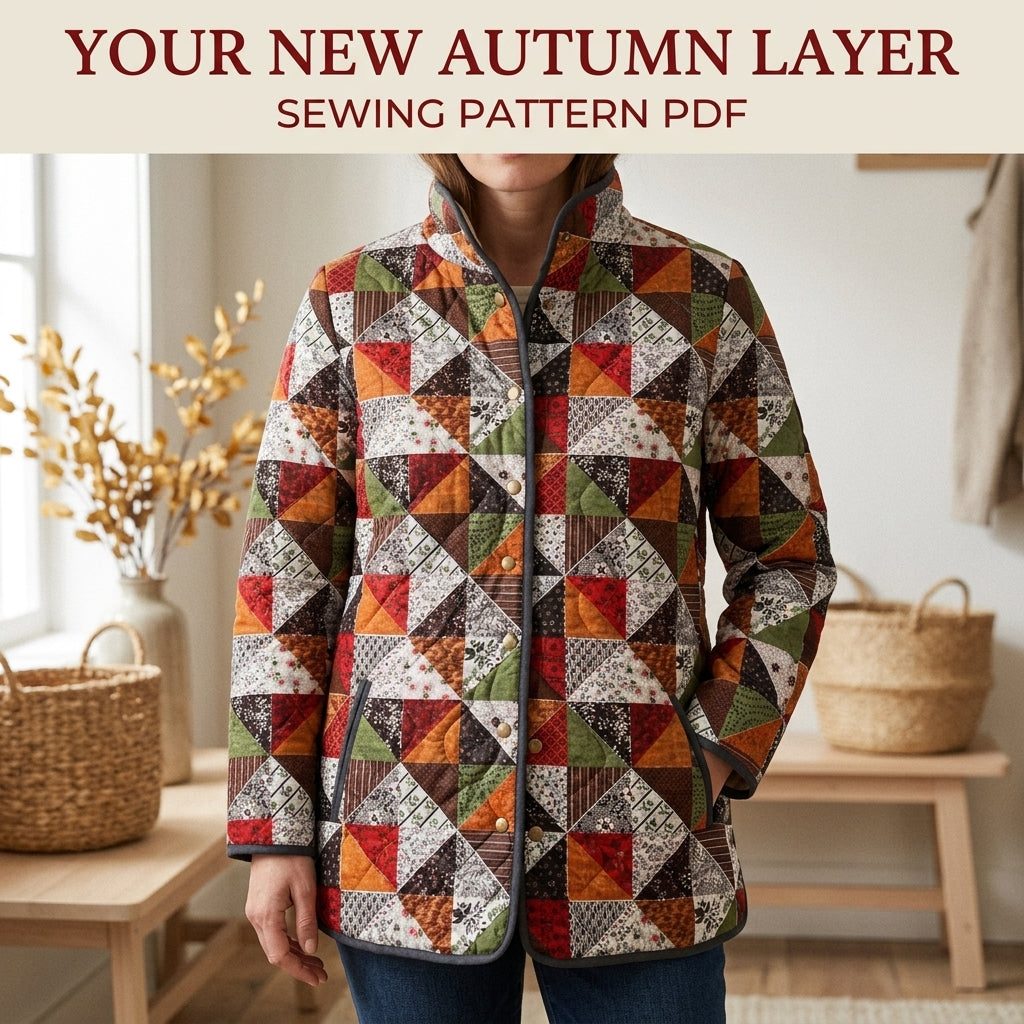 Triangle Patchwork Quilted Jacket Sewing Pattern PDF – Half-Square Triangle Quilt Coat with Stand Collar