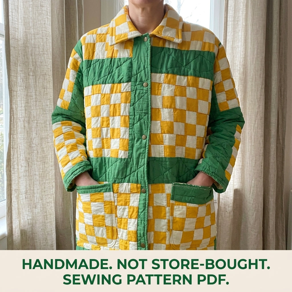 Checkerboard Quilt Chore Coat Sewing Pattern PDF – Long Quilted Coat from a Quilt
