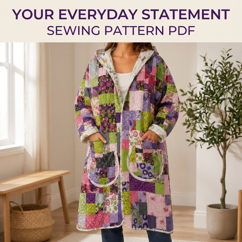 Hooded Patchwork Quilt Coat Sewing Pattern PDF – Long Quilted Coat with Hood
