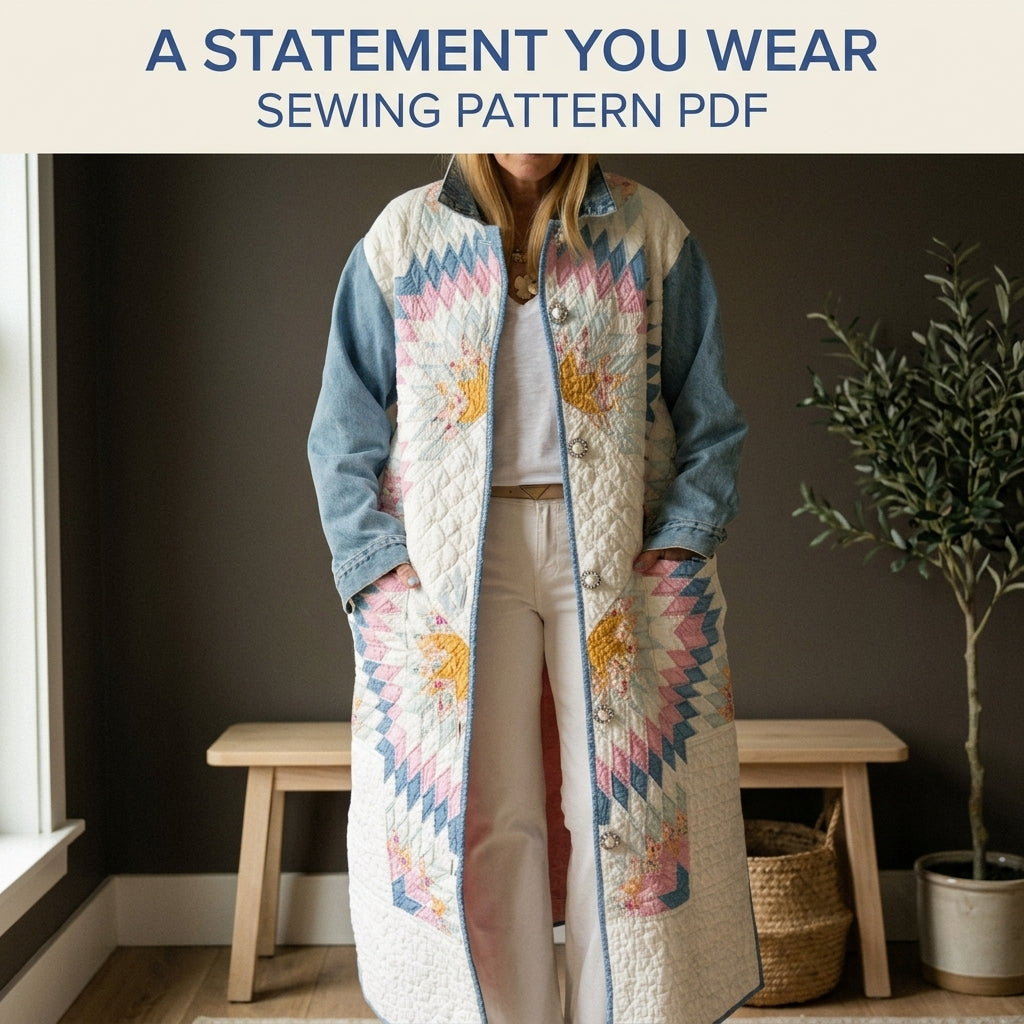 Lone Star Denim Quilt Coat Sewing Pattern PDF – Long Coat from a Quilt