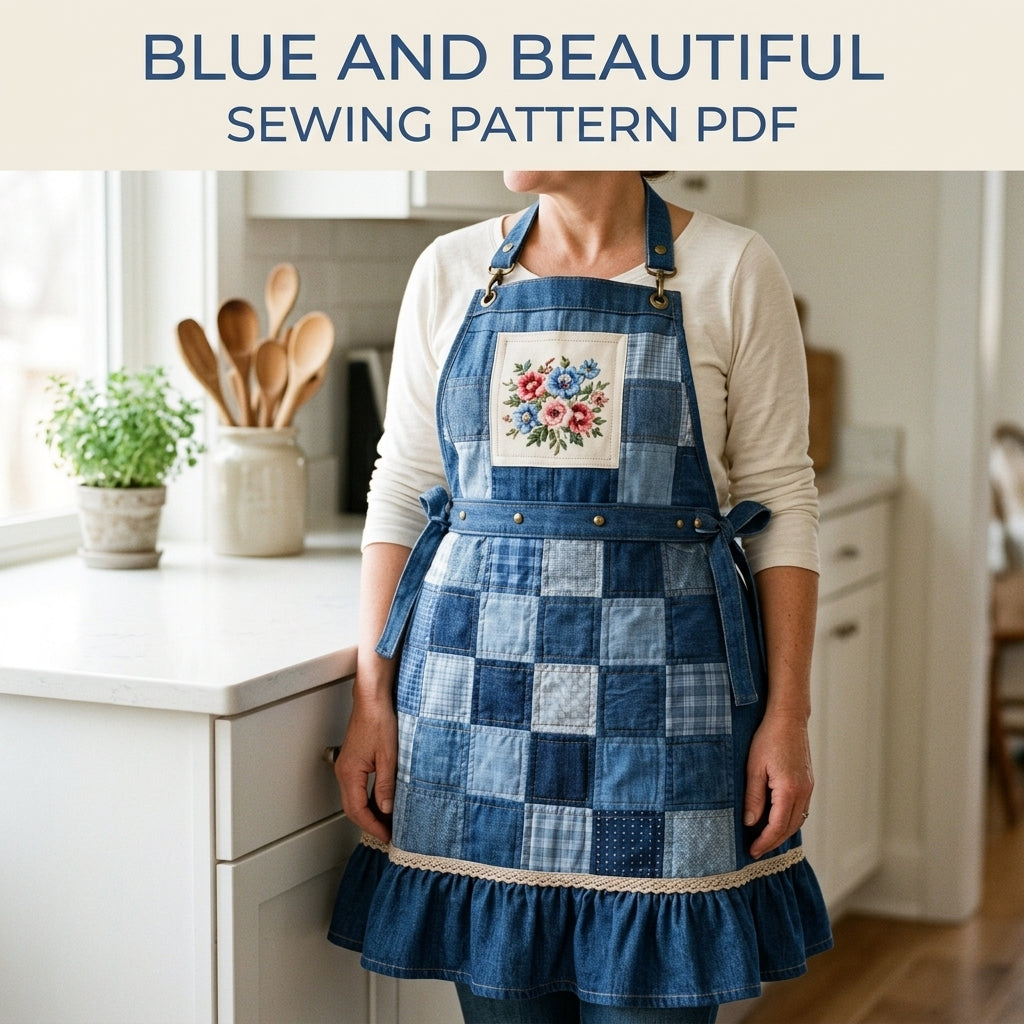 Blue Denim Patchwork Apron Sewing Pattern PDF – Upcycled Jeans Apron
