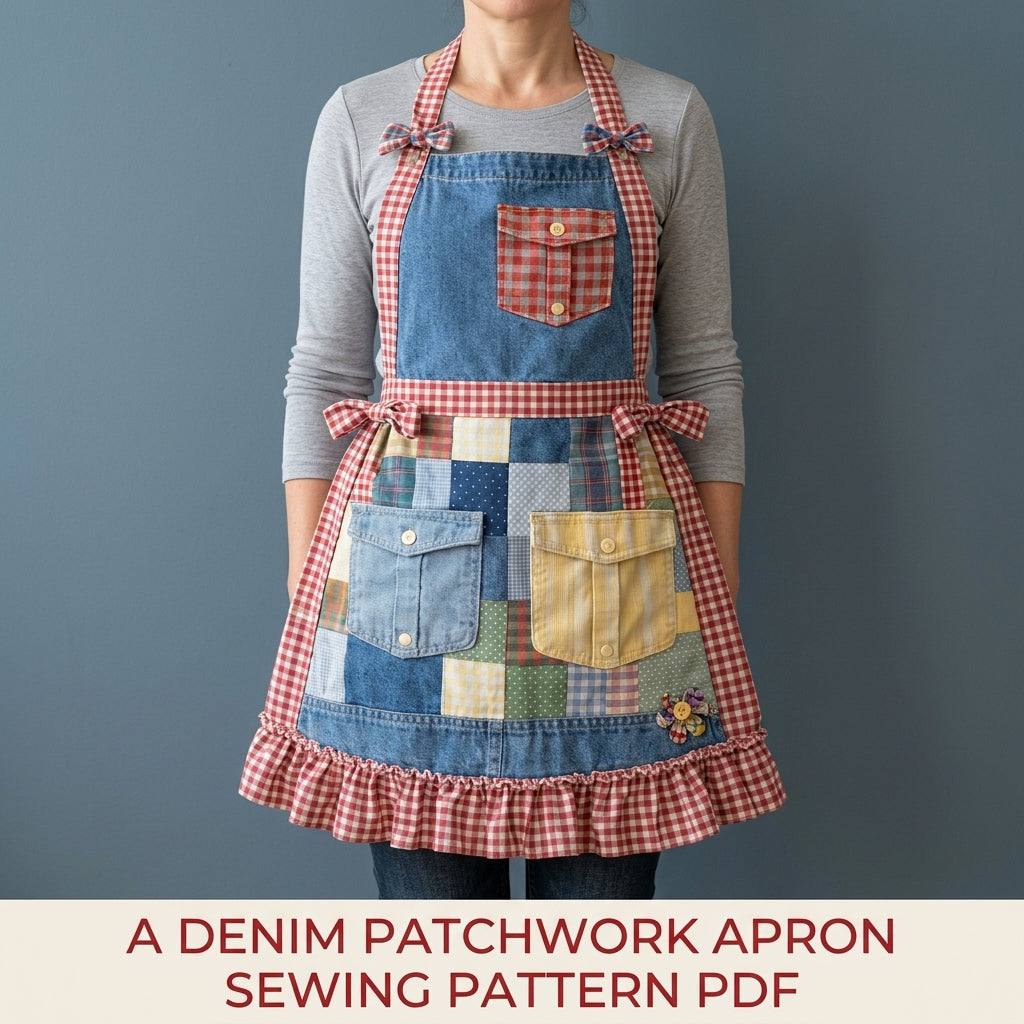 Denim Patchwork Ruffle Apron Sewing Pattern PDF – Upcycled Jeans Apron