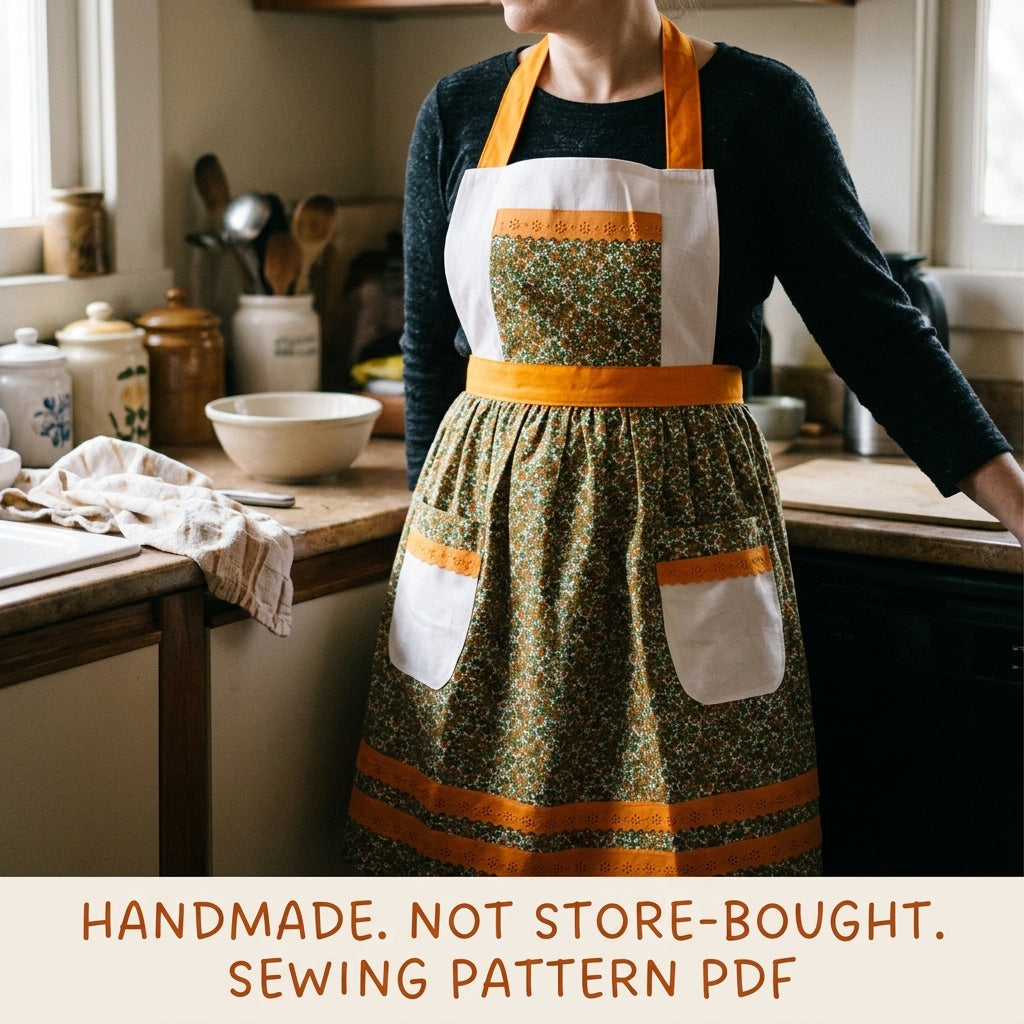 Vintage Orange Trim Apron Sewing Pattern PDF – Retro Full Apron