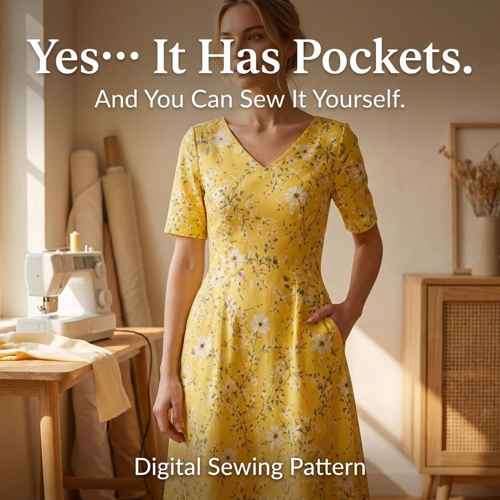 Midi Dress Sewing Pattern — Fitted V-Neck Dress with Flared Skirt and Side Pockets, Sizes XS–3XL, A0 and A4 Layered PDF