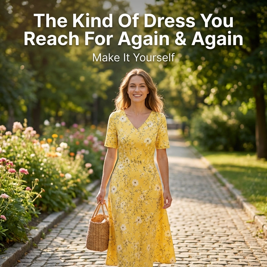 Midi Dress Sewing Pattern — Fitted V-Neck Dress with Flared Skirt and Side Pockets, Sizes XS–3XL, A0 and A4 Layered PDF