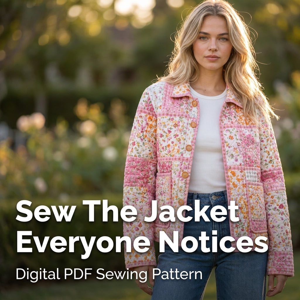 Quilted Patchwork Jacket Sewing Pattern — Oversized Chore Jacket with Collar and Patch Pockets, Sizes XS–3XL, PDF Download