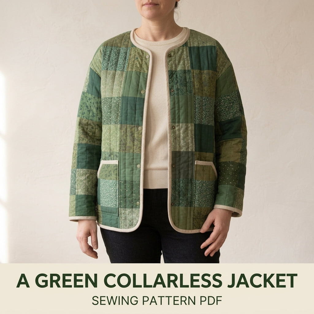 Collarless Quilted Coat Sewing Pattern PDF – Easy Patchwork Jacket