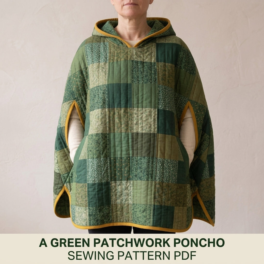 Quilted Poncho Sewing Pattern PDF – Hooded Patchwork Pullover Poncho with Arm Slits and Bias Binding