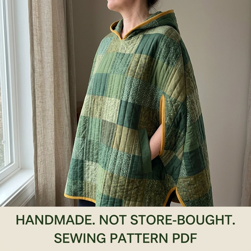 Quilted Poncho Sewing Pattern PDF – Hooded Patchwork Pullover Poncho with Arm Slits and Bias Binding