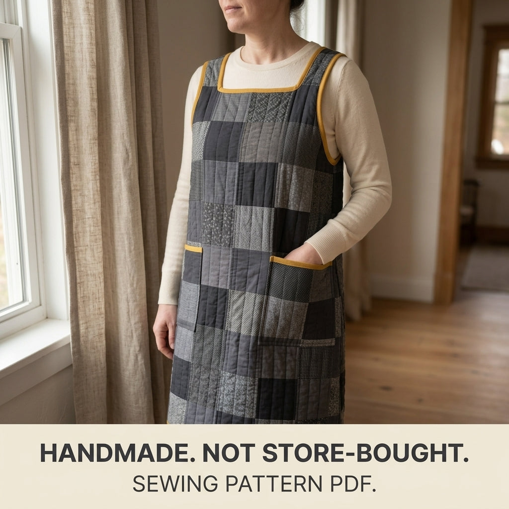 Quilted Pinafore Dress Sewing Pattern PDF – Patchwork Apron Dress with Square Neck and Pockets