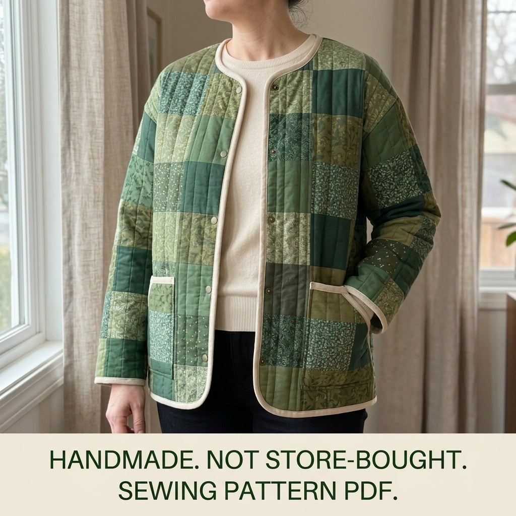 Collarless Quilted Coat Sewing Pattern PDF – Easy Patchwork Jacket
