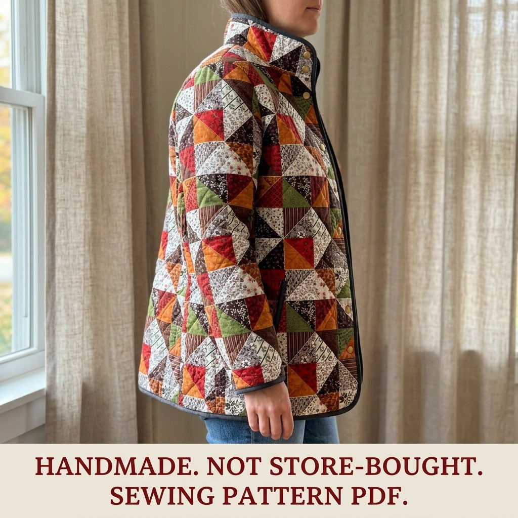 Triangle Patchwork Quilted Jacket Sewing Pattern PDF – Half-Square Triangle Quilt Coat with Stand Collar