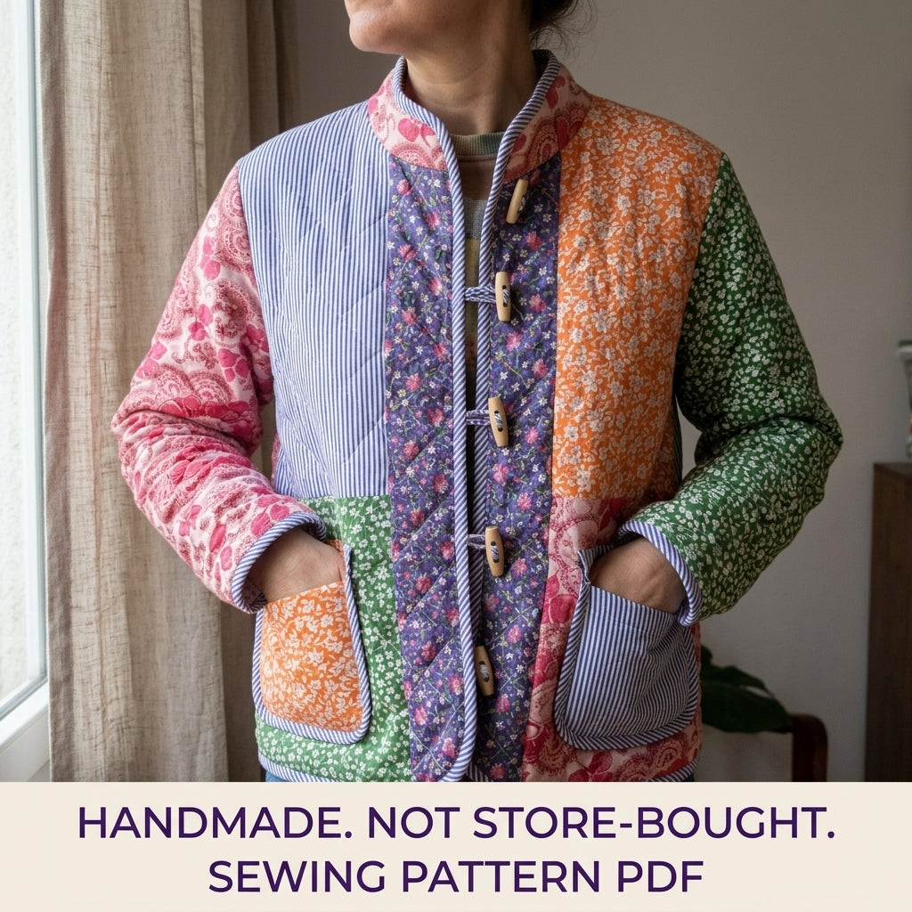 Bright Toggle Patchwork Jacket Sewing Pattern PDF – Colourful Quilted Jacket