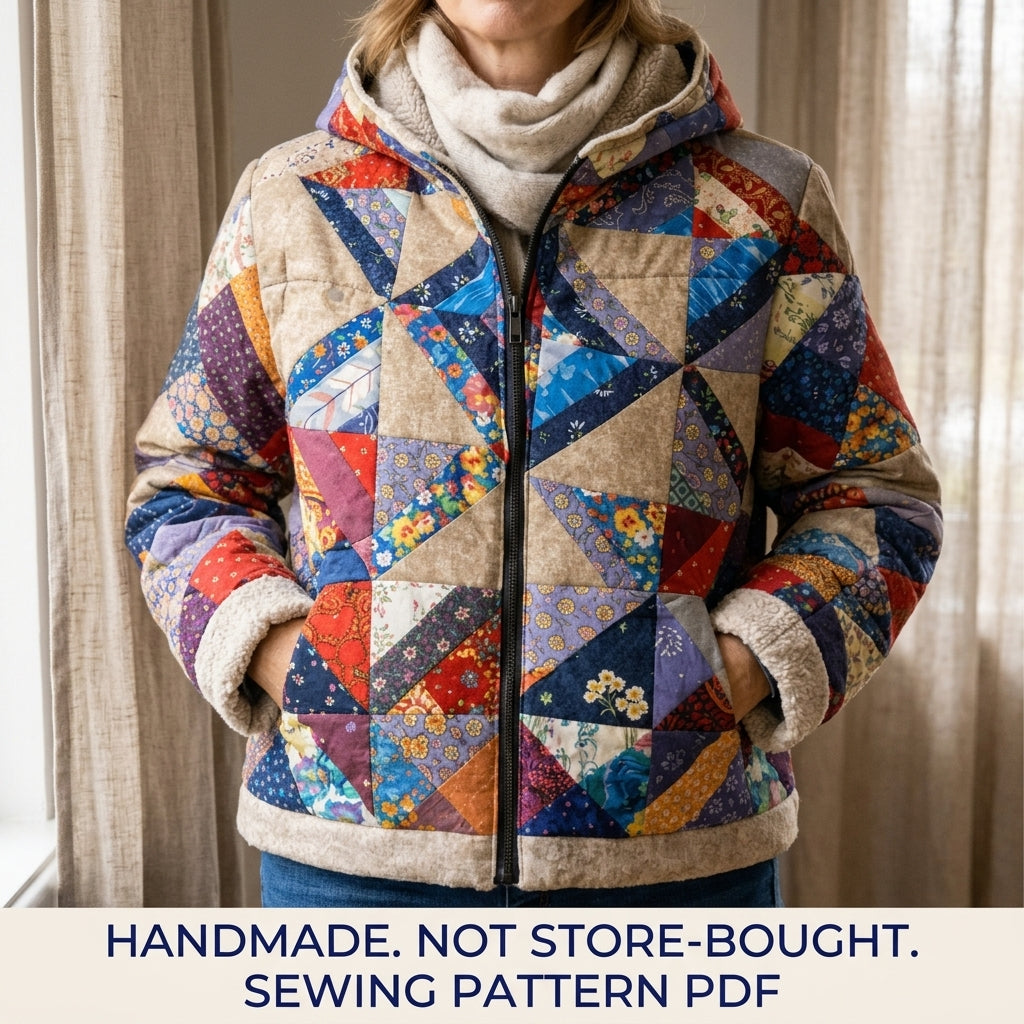 Scrappy Pinwheel Puffer Jacket Sewing Pattern PDF – Quilted Hooded Coat