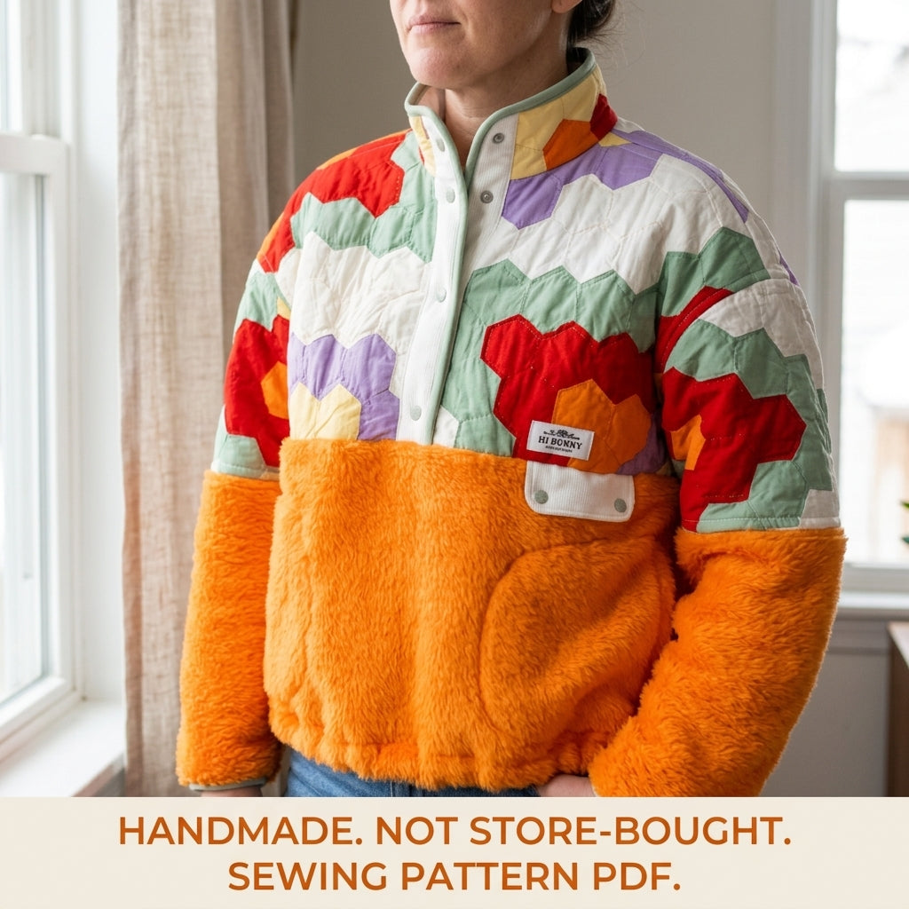 Hexagon Quilt Fleece Pullover Sewing Pattern PDF – Cropped Quilted Yoke Sweater