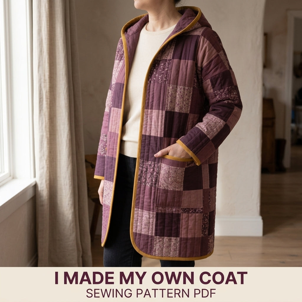 Hooded Quilted Coat Sewing Pattern PDF – Knee-Length Patchwork Quilt Coat with Bias Binding