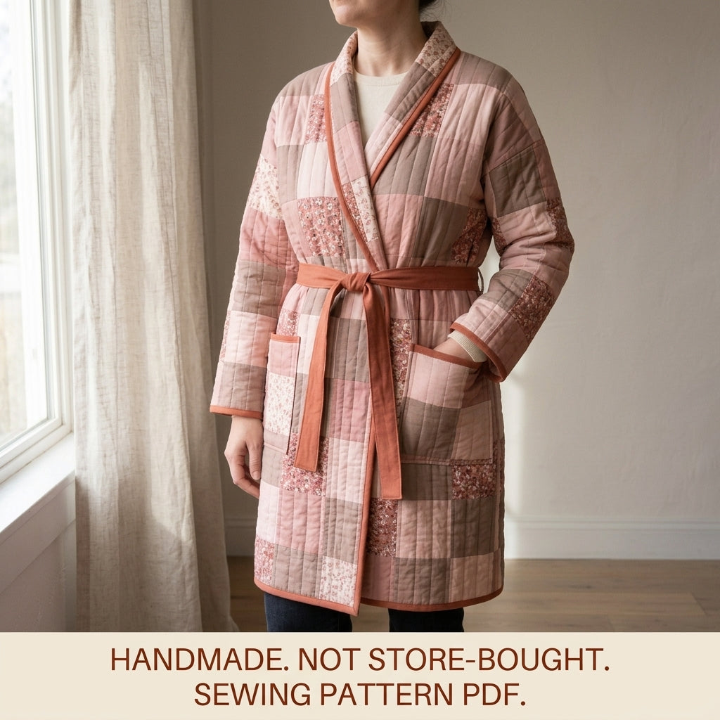Quilted Robe Sewing Pattern PDF – Patchwork Wrap Robe with Shawl Collar and Pockets