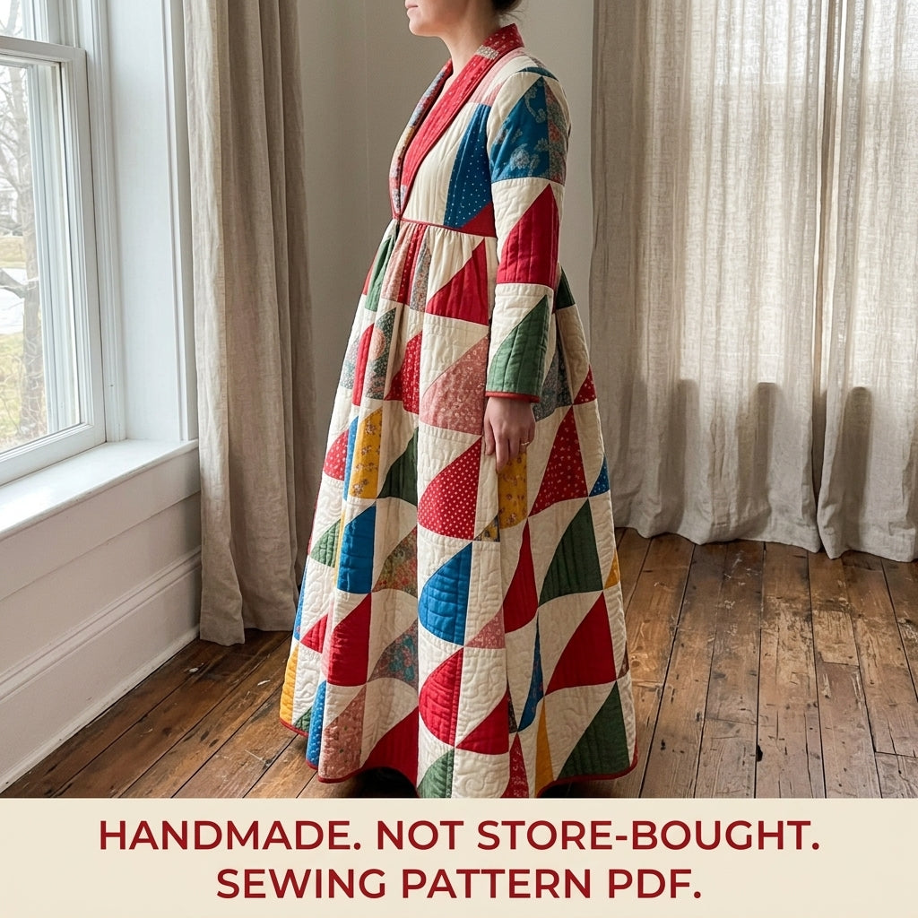 Patchwork Quilted Robe Coat Sewing Pattern PDF – Floor-Length Half-Square Triangle Quilt Coat