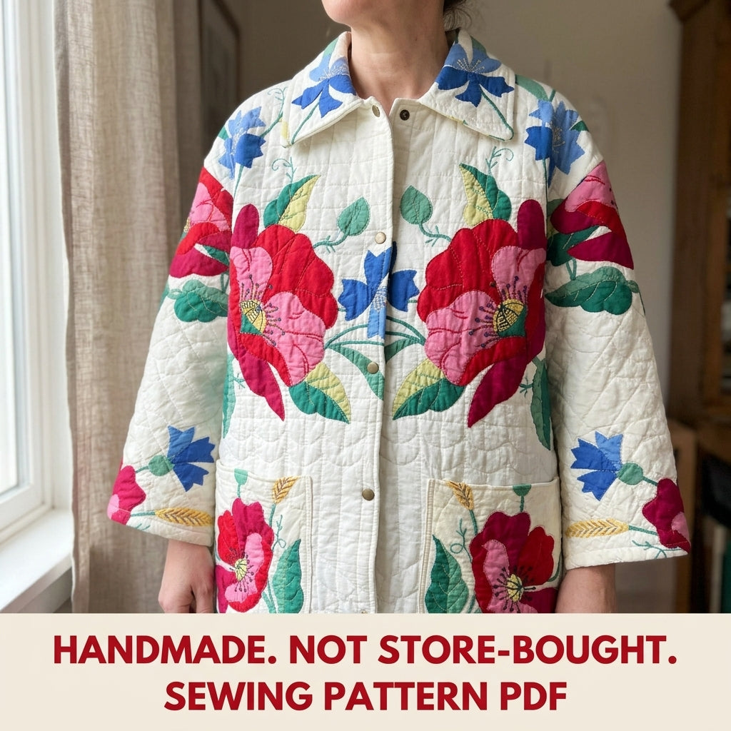Poppy Appliqué Quilt Chore Coat Sewing Pattern PDF – Oversized Quilt Coat