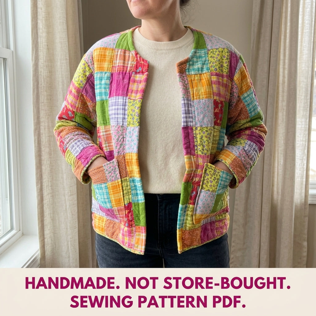 Bright Patchwork Quilted Jacket Sewing Pattern PDF – Boxy Scrap Quilt Coat