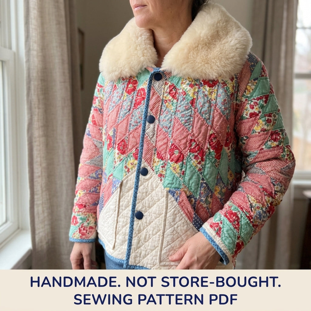 Star Quilt Jacket with Fleece Collar Sewing Pattern PDF – Upcycled Quilt Coat