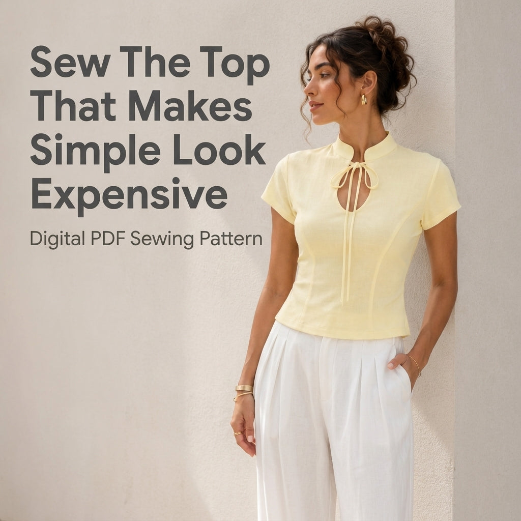 Fitted Top Sewing Pattern — Mandarin Collar Blouse with Keyhole Tie and Cap Sleeves, Sizes XS–3XL, A0 and A4 Layered PDF