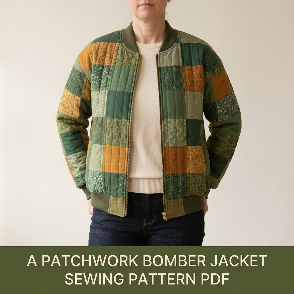 Quilted Bomber Jacket Sewing Pattern PDF – Patchwork Quilt Bomber with Zip and Rib Knit Trim