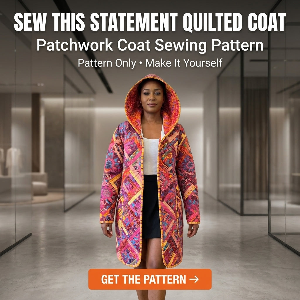 Quilt Coat Sewing Pattern — Longline Hooded Patchwork Coat with Bound Edges, Sizes XS–3XL, A0 and A4 PDF