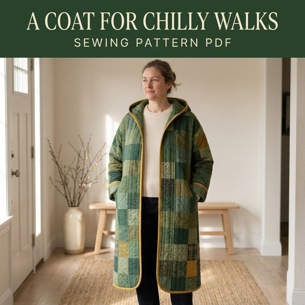 Hooded Quilted Duster Coat Sewing Pattern PDF – Knee-Length Patchwork Quilt Coat with Bias Binding