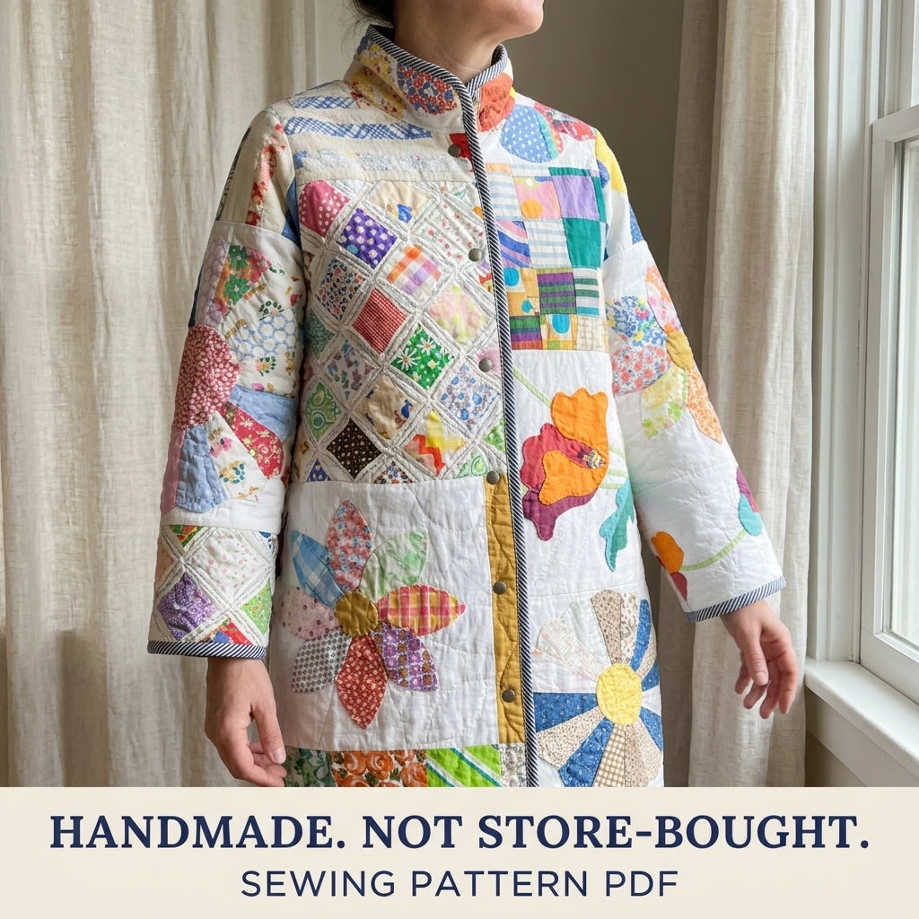 Scrappy Sampler Quilt Coat Sewing Pattern PDF – Long Coat from Orphan Blocks