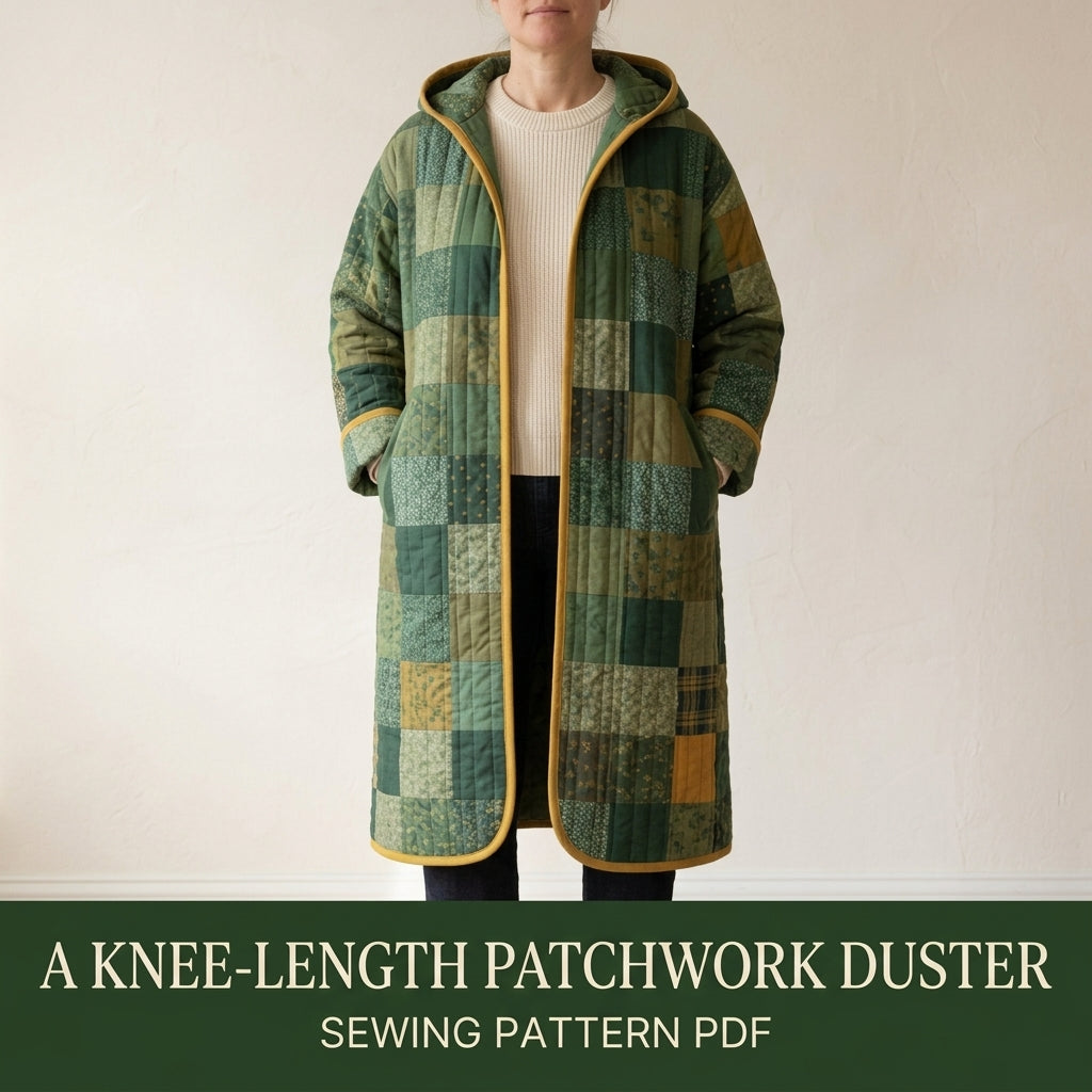 Hooded Quilted Duster Coat Sewing Pattern PDF – Knee-Length Patchwork Quilt Coat with Bias Binding