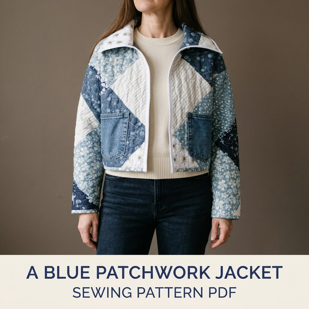 Cropped Blue Patchwork Jacket Sewing Pattern PDF – Quilted Jacket with Denim Pockets